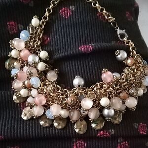 Multicolor Beaded Statement Necklace with Gold Tone Chain